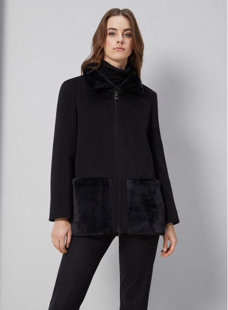 Wool and cashmere black short coat with faux fur collar and pockets