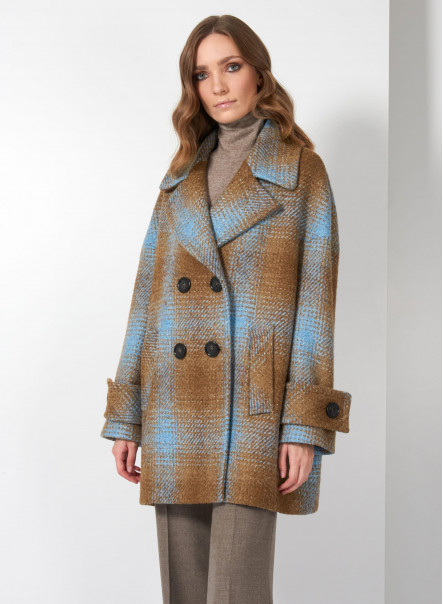 Wool peacoat in tobacco and light blue plaid with sequins