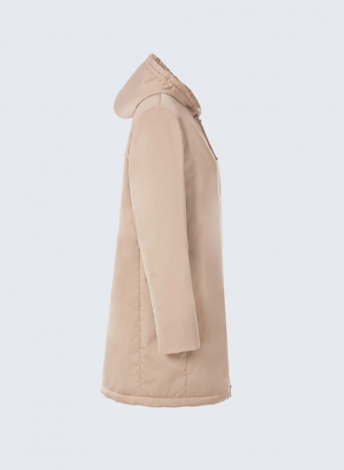 Hooded down padded blush pink color parka in water resistant satin C