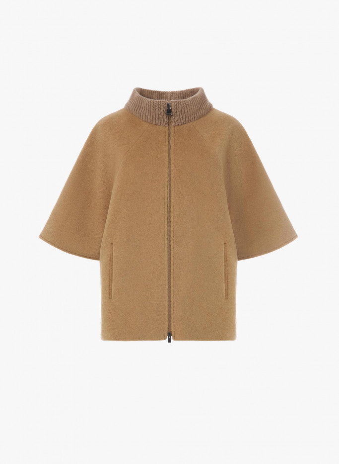 Camel color wool cape with knit collar