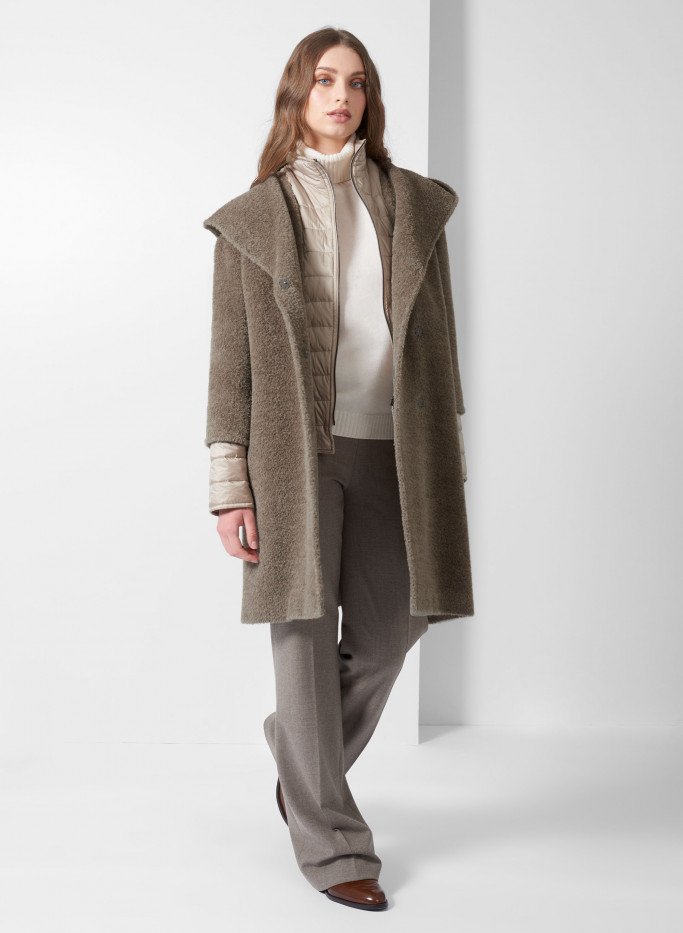 Wool and Suri alpaca blend taupe media sporty coat with hood - Cinzia