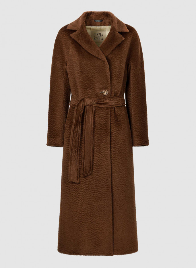 Long tobacco belted coat in zibeline effect baby Suri alpaca and wool