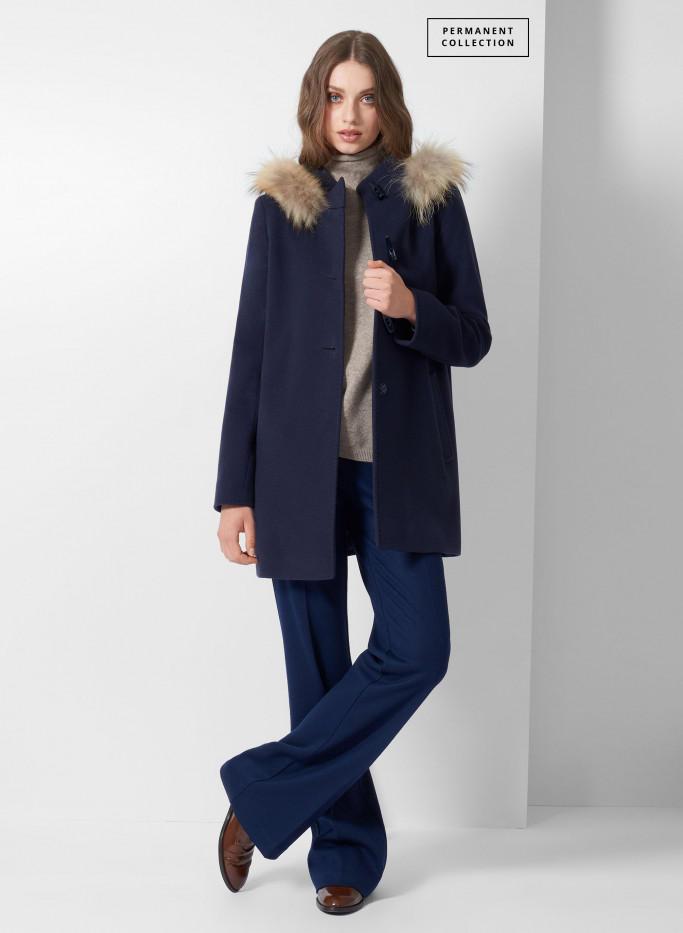 Wool and cashmere blue hooded duffle coat