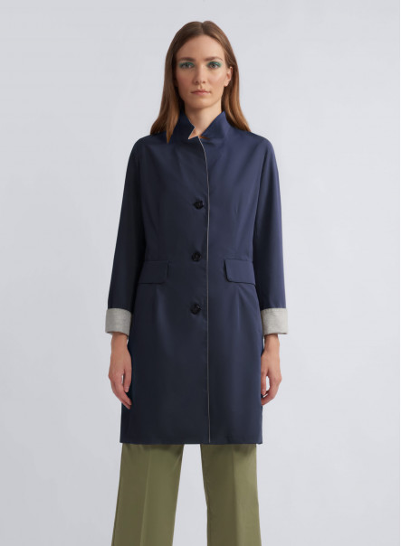 Water resistant tech satin blue overcoat with jersey details