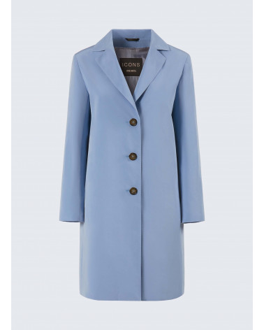 Light blue three button overcoat in technical water resistant nylon