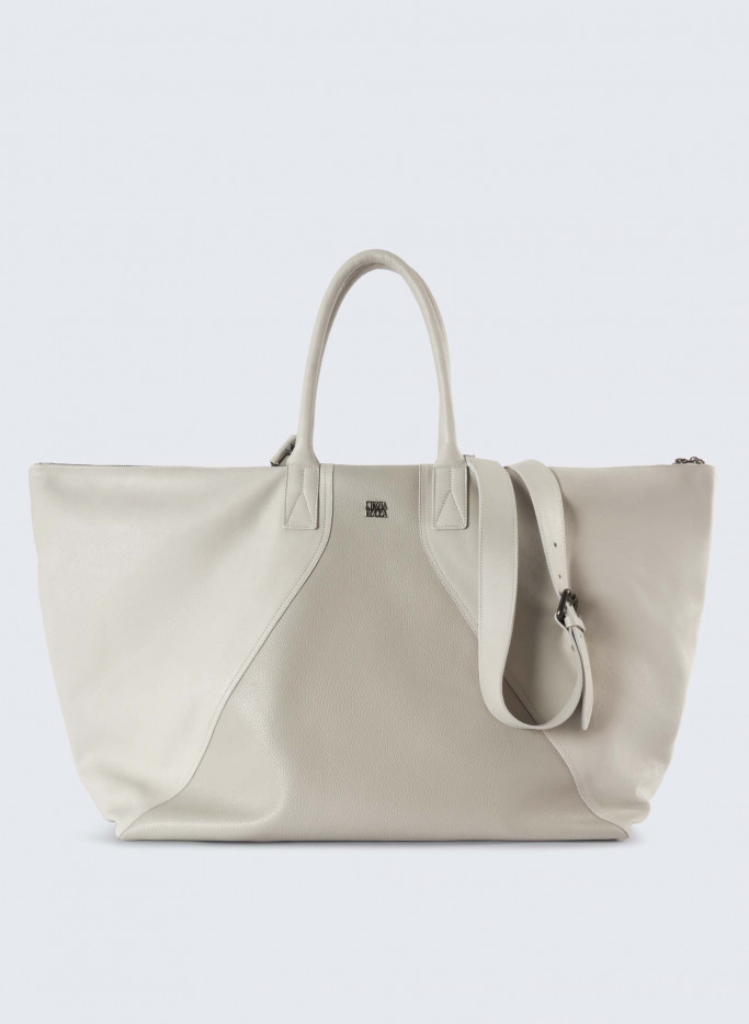Pearl grey maxi shopper in genuine leather with handles and shoulder s