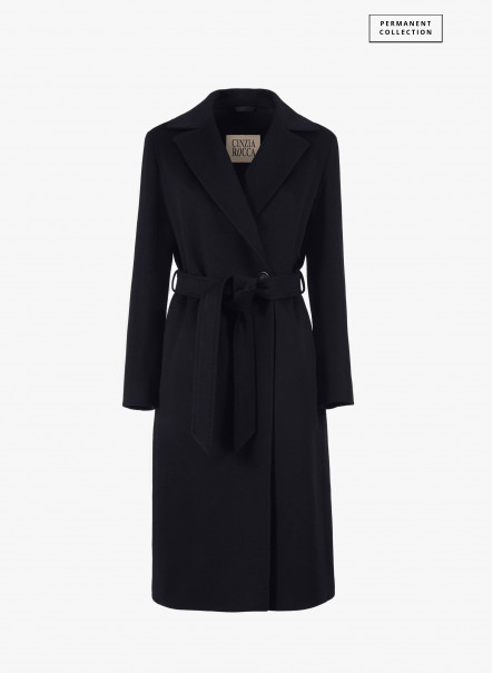 Bindegürtel-Mantel in Reverskragen Schwarz aus mit Wolle