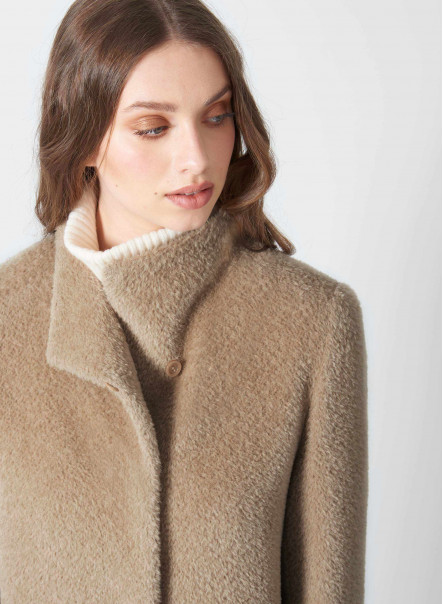 Light camel wool and alpaca coat with high stand collar