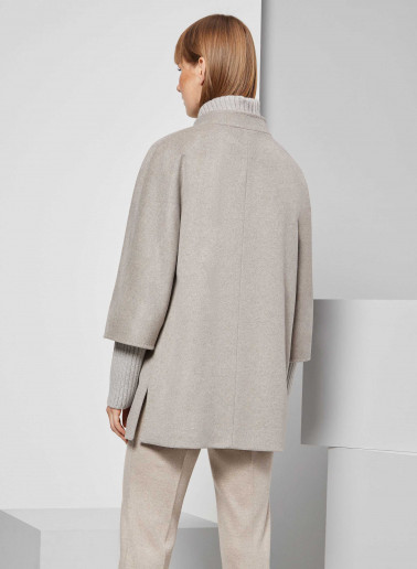 Short oversized beige pure wool coat with knitted details