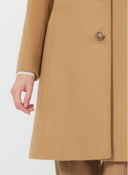 Cappotto cammello in drap di lana con inserto in nylon
