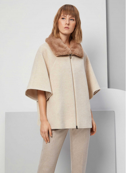 Wool and alpaca cape with faux fur collar