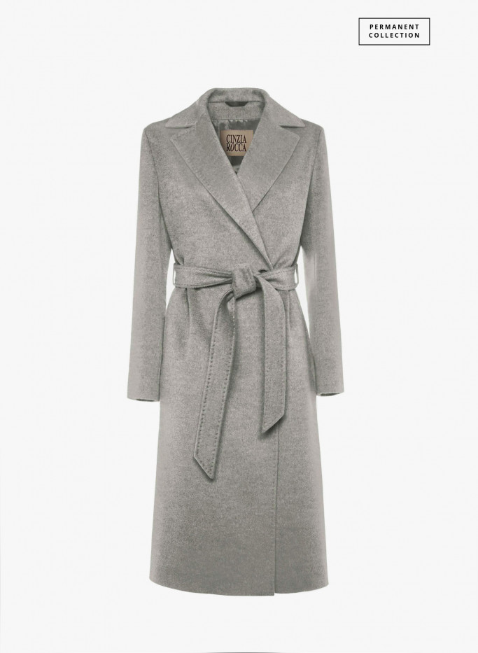 Belted light grey wool coat