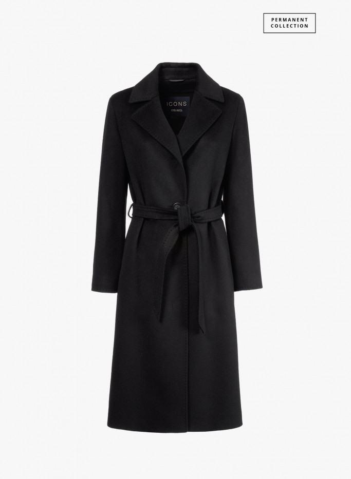 Belted black pure cashmere coat with notch collar