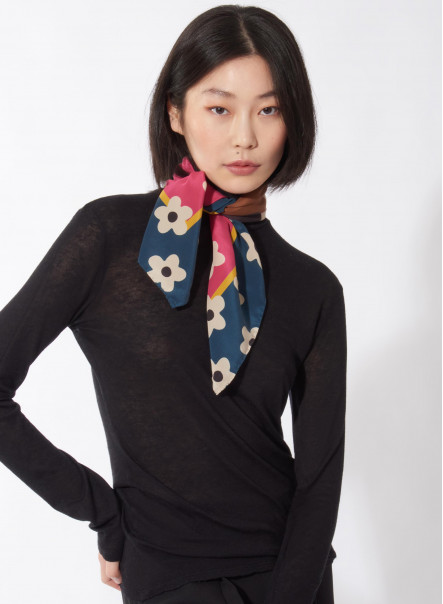 Foulard piccolo in pura seta nero con stampa floreale, Acquista Online