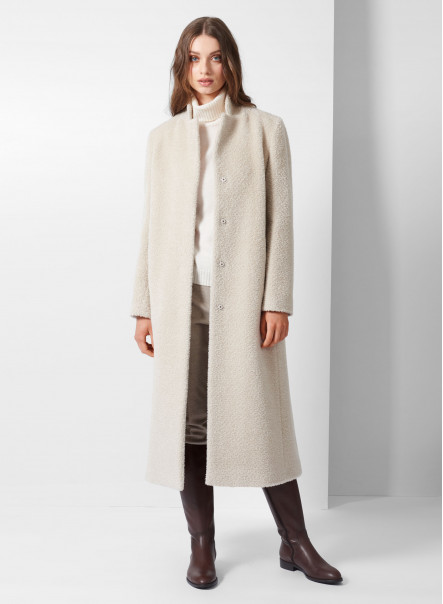 Long beige wool and alpaca coat with inverted notch collar