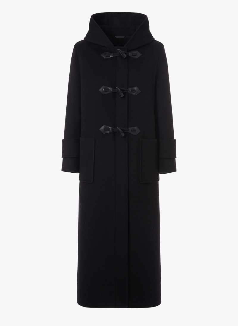 Maxi black pure wool coat with hood and buckles