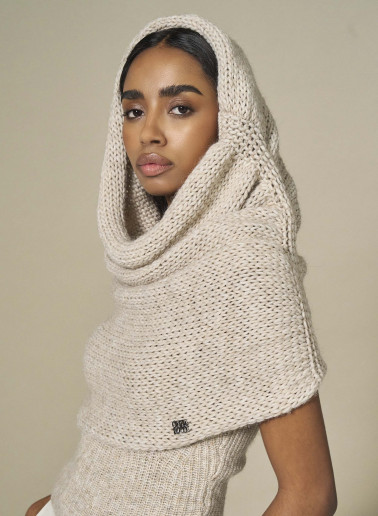 Beige knitted hooded scarf