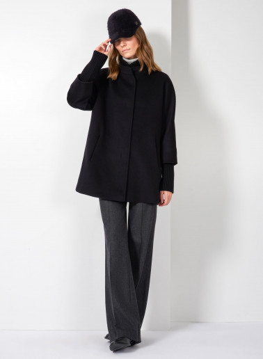 Short oversized black pure wool coat with knitted details