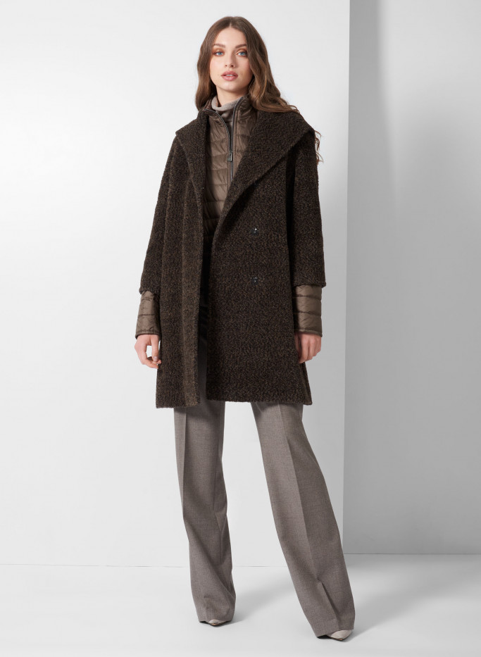 Wool and Suri alpaca blend brown media sporty coat with hood Cinzia