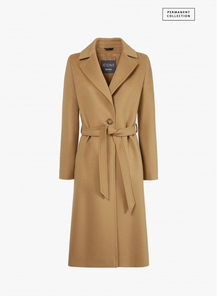 Belted camel pure cashmere coat with notch collar