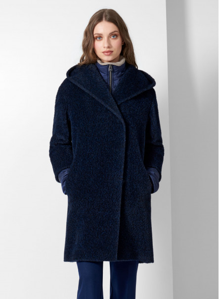 Wool and Suri alpaca blend blue media sporty coat with hood