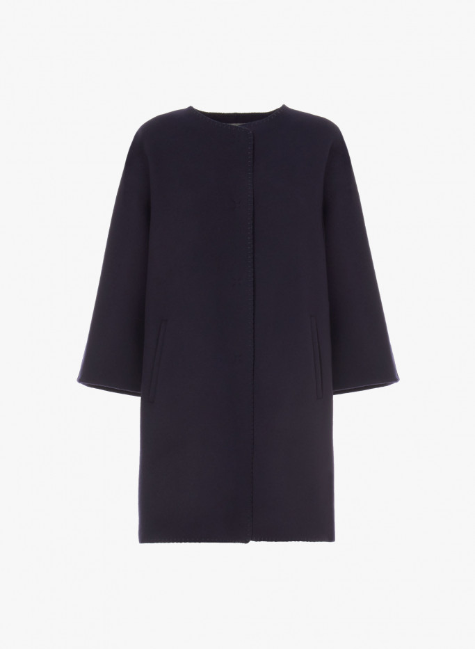 Double fabric collarless blue overcoat in superfine wool | Cinzia Rocc