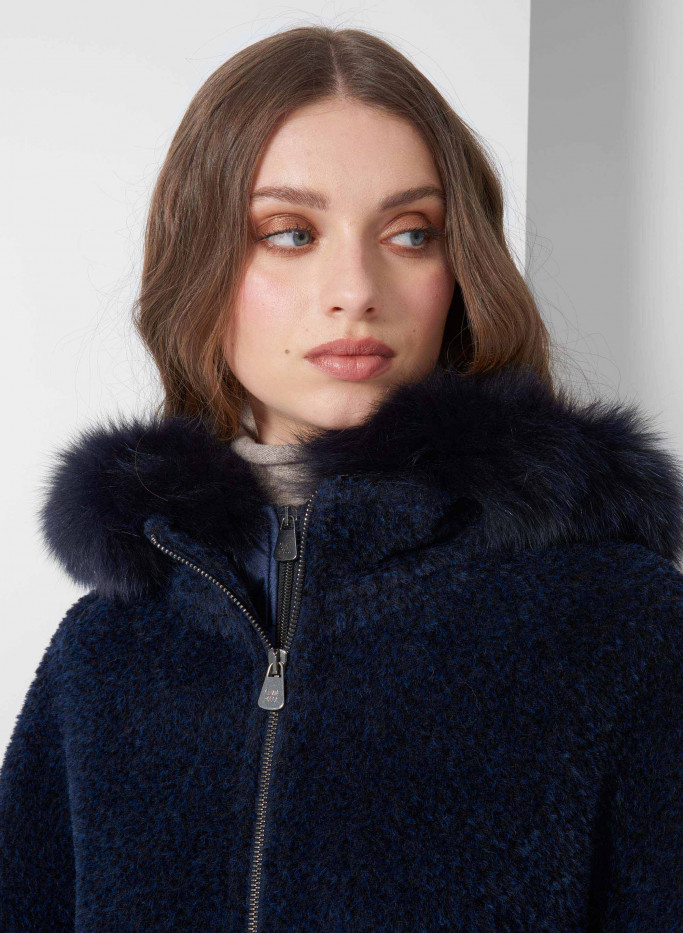 Blue wool and alpaca hooded parka with nylon details | Cinzia Rocca