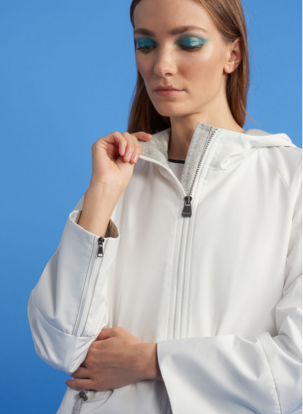 Water resistant tech satin white hooded jacket with jersey details