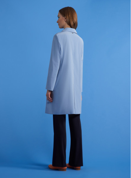 Light blue three button overcoat in technical water resistant nylon