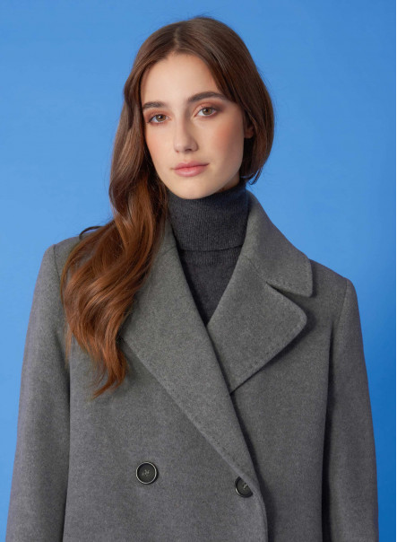 Long double breasted grey coat in wool and cashmere