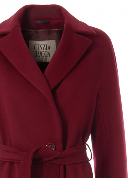 Long belted ruby red wool coat